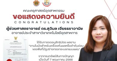 อาจารย์ประจำคณะครุศาสตร์อุตสาหกรรมได้รับการจดอนุสิทธิบัตร “จานใบมีดสำหรับเครื่องหั่นผลหรือลำต้นอ่อนของพืชที่มีรูปร่างทรงกระบอกแบบแผ่น”